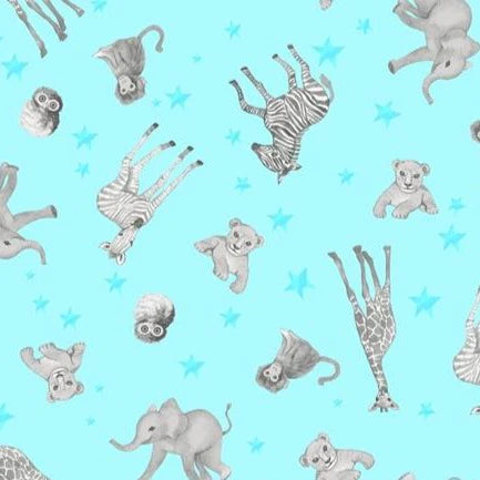 CW blue fabric with gray zoo animals