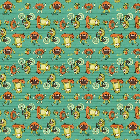 Paintbrush green fabric with orange & green characters