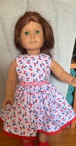 18" doll dress -white with red and blue cherries