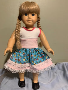 18" doll dress -pink/white/aqua
