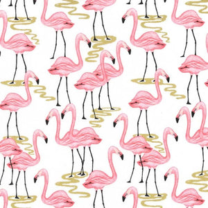 MM white fabric with pink flamingos