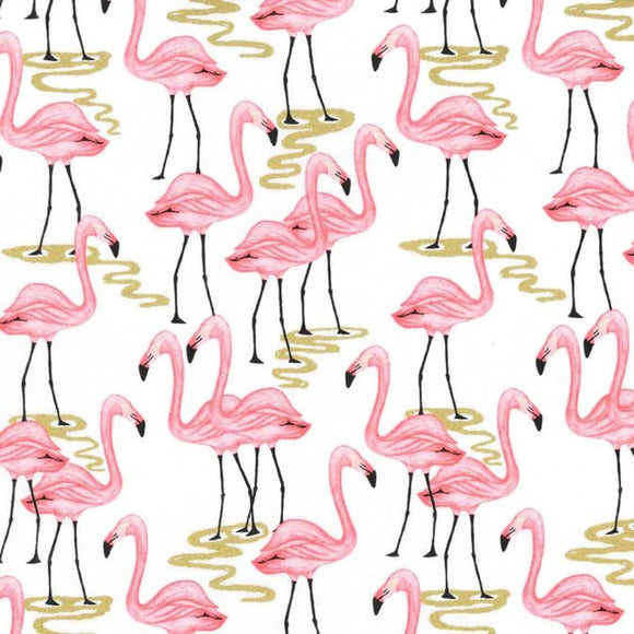 MM white fabric with pink flamingos