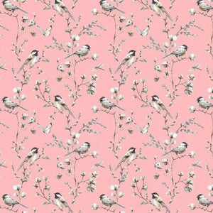 WP coral fabric with light colored birds on a twig